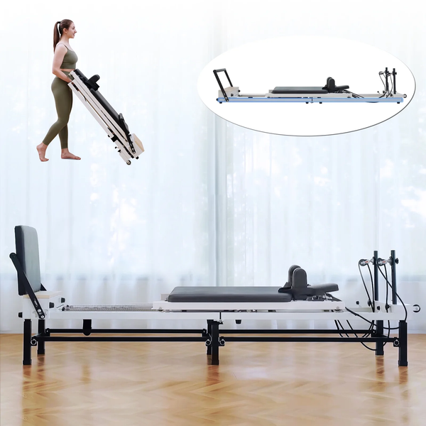 90'' Foldable Pilates Equipment for Home Workouts,Balanced Body Pilates Reformer Machine for Home and Gym, Pilates Exercise Equipment with Jump Board, 220Lbs Resistance 5 Springs